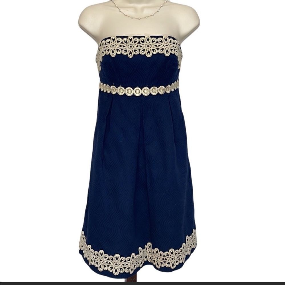 Lilly Pulitzer Betsey Navy and Gold Jacquard Strapless Dress Size 2 - Picture 1 of 16